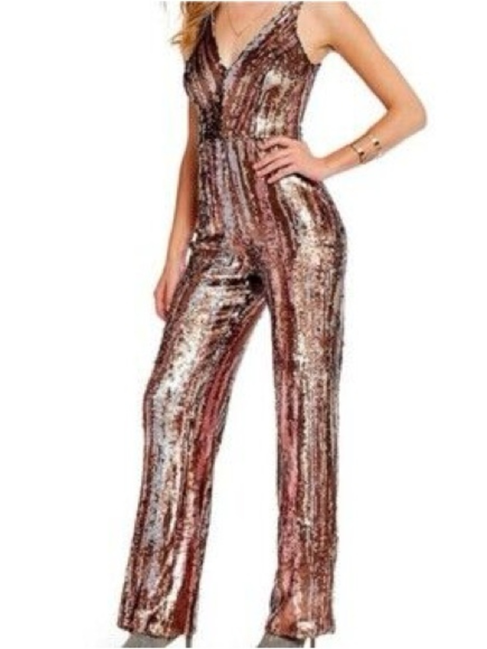 Dress the Population Rose Gold Sequin V-Neck Jumpsuit
